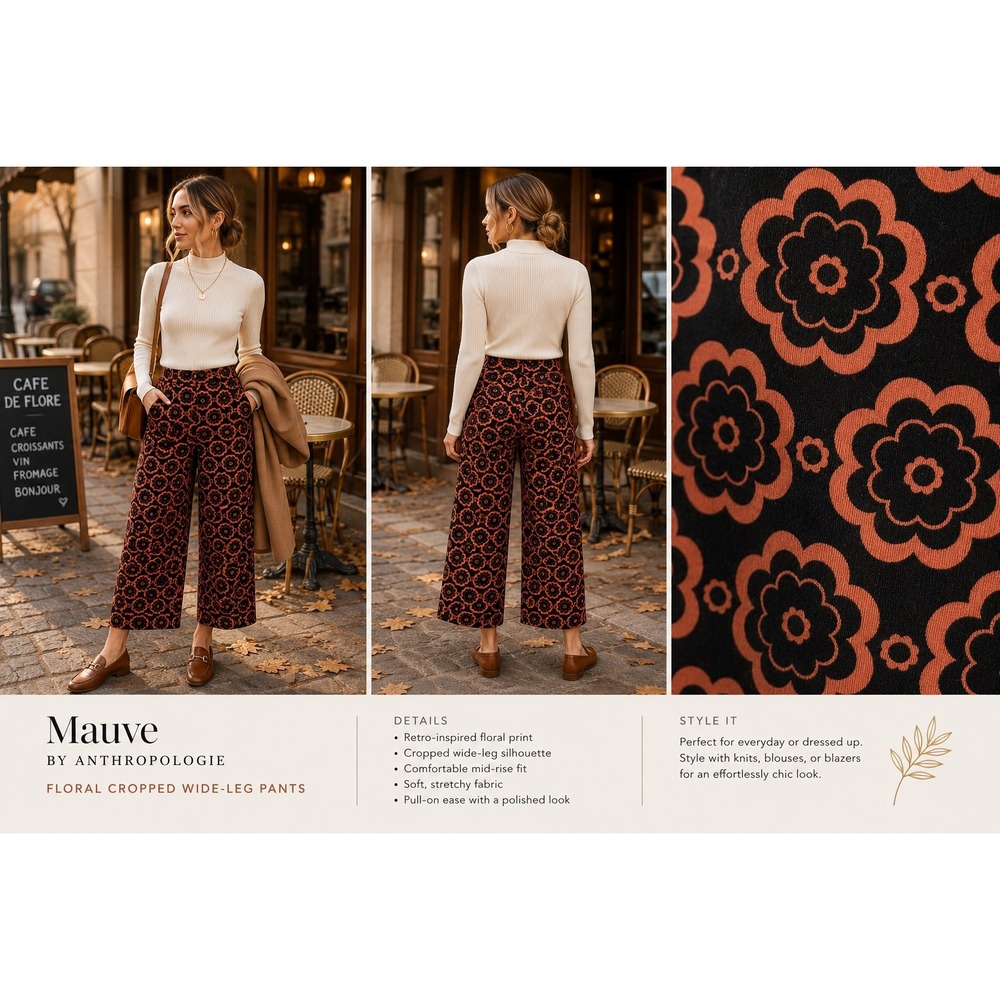 Anthropologie Maeve Orange Black Colette Floral Retro Cropped Wide Leg Pants 28
